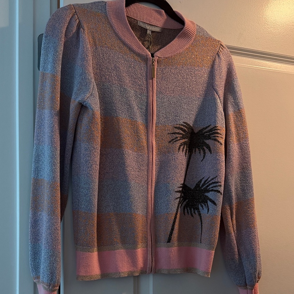Striped Pink & Lavender Zip Cardigan with Palm Motif